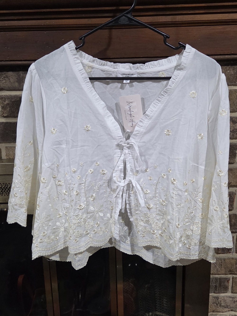 Annewear White Embroidered Tie-Front Women's Blouse